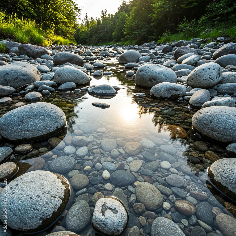 stones on the river water beach. mesmerizing of a riverbed adorned with polished stones and pebbles, showcasing meticulous craftsmanship. stones on the river water beach. mesmerizing of a riverbed adorned with polished stones and pebbles, showcasing meticulous craftsmanship.