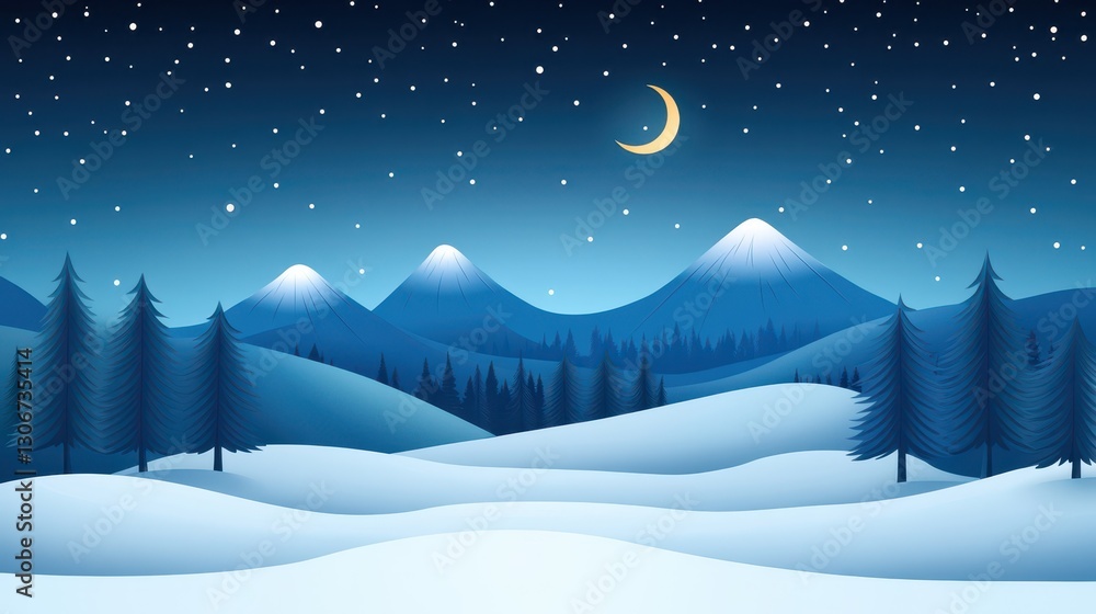 Fototapeta premium Winter Wonderland: A serene illustration depicts a snow-covered landscape under a starlit sky, with gentle hills and mountains in the distance. A crescent moon hangs gracefully.
