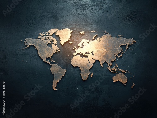 A stylized world map design with a metallic finish, set against a dark textured background, emphasizing geography and global connectivity.