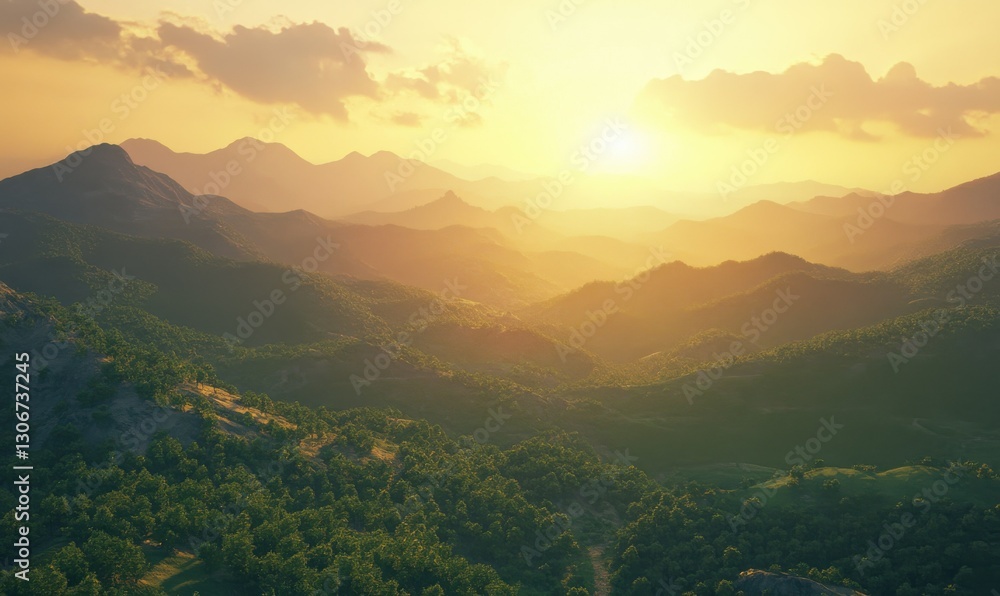 Obraz premium Scenic mountain view glowing under the warm golden light of sunrise, with rolling green hills creating a peaceful natural scene