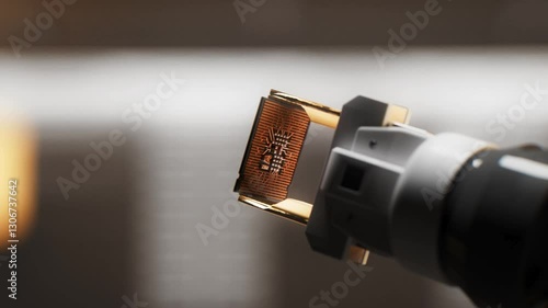 Robotic arm is handing over a semiconductor micro chip with AI to another robot. Part of a series animated videos of semiconductors and microchips being installed by robots on a mother board.
