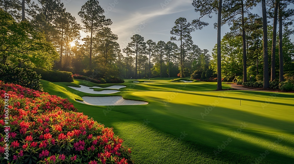 Obraz premium golf landscape with lush greens pine trees and vibrant flowers in sunset light showing premium golf course concept