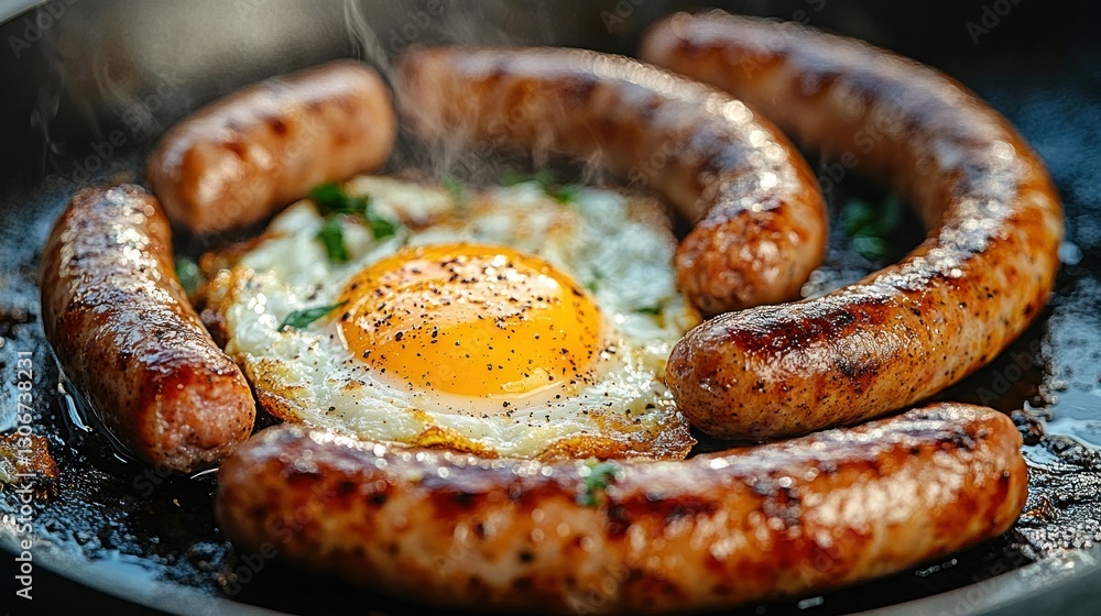 Fried Breakfast Sausages and Egg in Pan Fried Breakfast Sausages and Egg in Pan