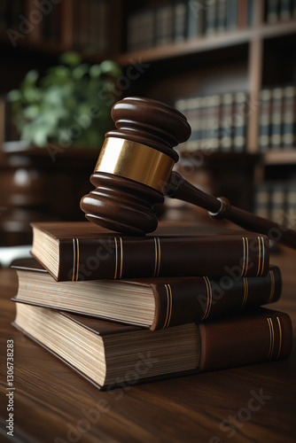 Elegant study with wooden accents and law symbols..