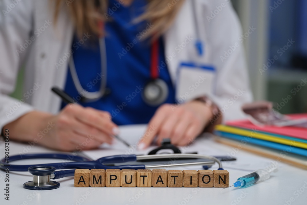 A medical professional details the amputation procedure, highlighting a stethoscope and various supplies