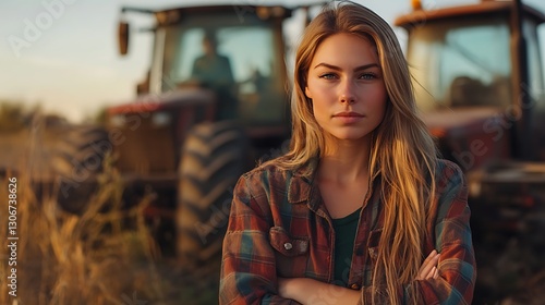 attractive woman farmer posing in front of tractor and agricultural machinery showing confident farming lifestyle concept high quality photo