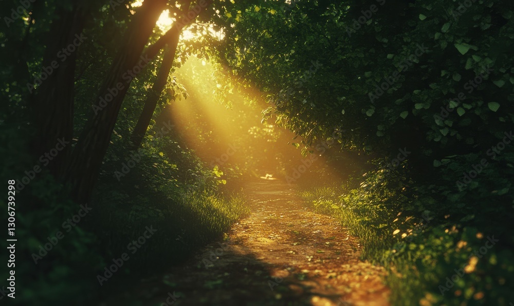 Fototapeta premium Scenic woodland path bathed in soft golden light streaming through dense green trees, creating a tranquil natural scene