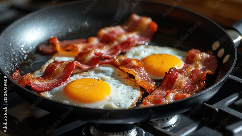 Fried eggs and bacon in a pan on a stove