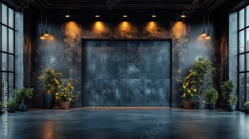 dark industrial interior with ceiling lights and metal walls dark bacground