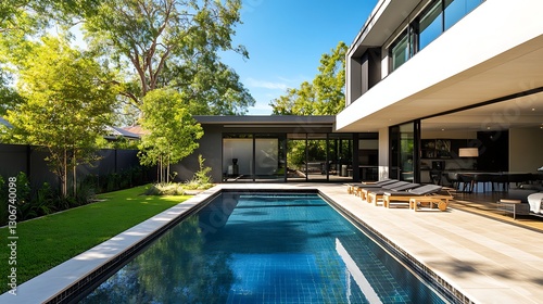 sunny backyard garden with tiled pool in modern australian home showing real estate and lifestyle concept high quality photo
