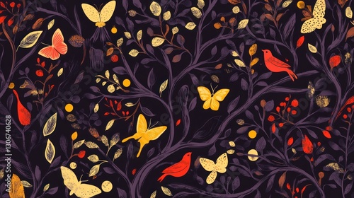 Dark whimsical floral pattern with butterflies and birds.