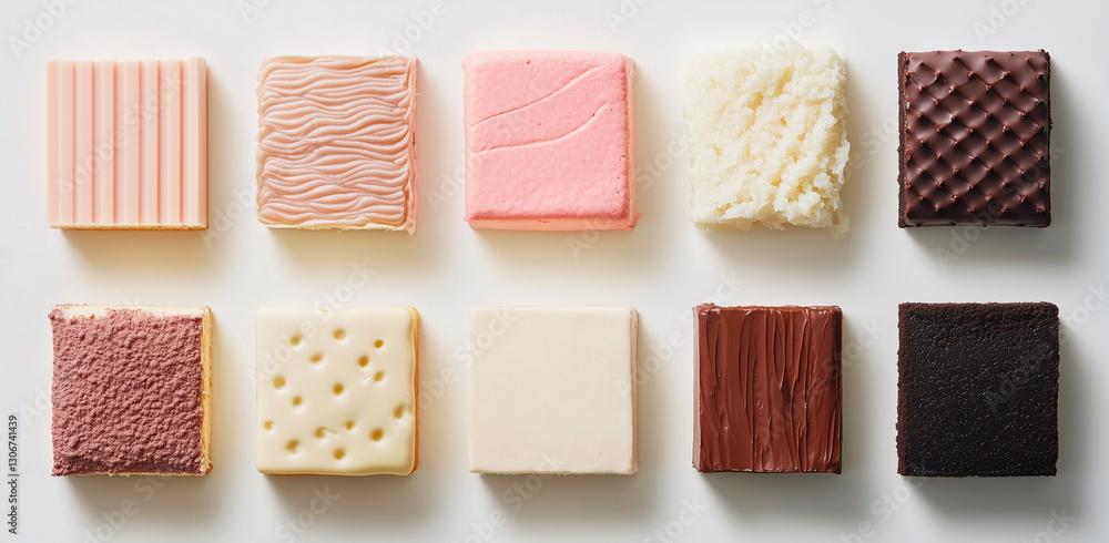 Fototapeta premium Selection of Textured Frosting Patterns Displayed on Delicious Square Cakes