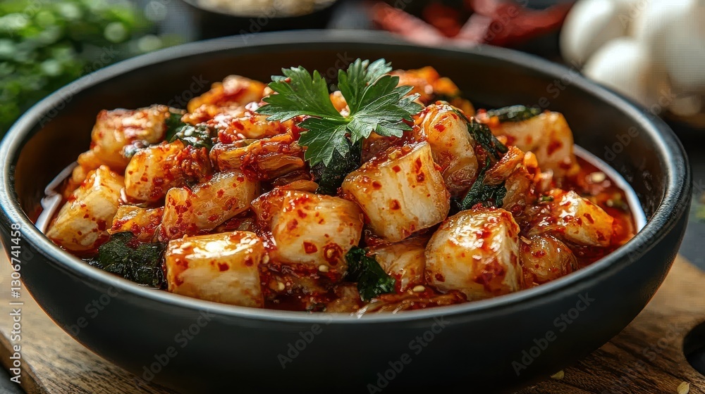 delicious and vibrant traditional korean kimchi served in a black bowl accompanied by garlic and chili pepper showcasing its rich and authentic flavor delicious and vibrant traditional korean kimchi served in a black bowl accompanied by garlic and chili pepper showcasing its rich and authentic flavor