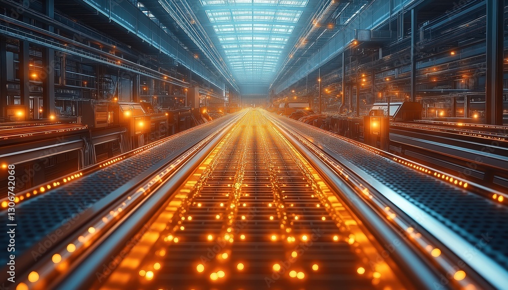 Fototapeta premium Futuristic Sustainable Tech Factory Hall with Energy Efficient Lighting