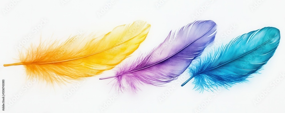 Vibrant feather art: yellow, blue, and purple feathers on white background Vibrant feather art: yellow, blue, and purple feathers on white background