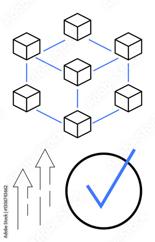 Interconnected cubes indicating blockchain, arrows symbolizing growth, and a checkmark representing validation. Ideal for technology, innovation, cryptocurrency, progress, approval, decentralization