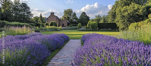 Serene garden pathway lined with vibrant lavender leading to a charming house under a blue sky