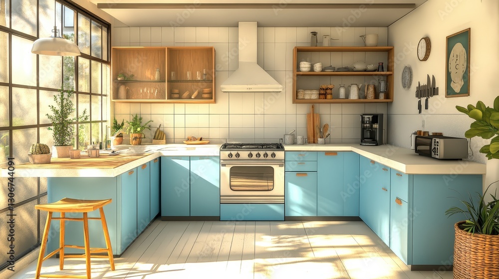 Fototapeta premium A vibrant blue and white kitchen, illuminated by sunlight through layered glass panes in the expansive left window, creating a luminous and inviting space