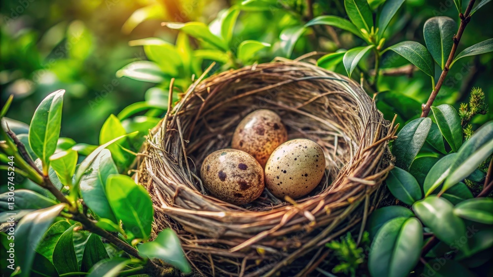 Fototapeta premium Three speckled eggs nestled in a bird's nest, captured from above by a drone; nature's artistry.