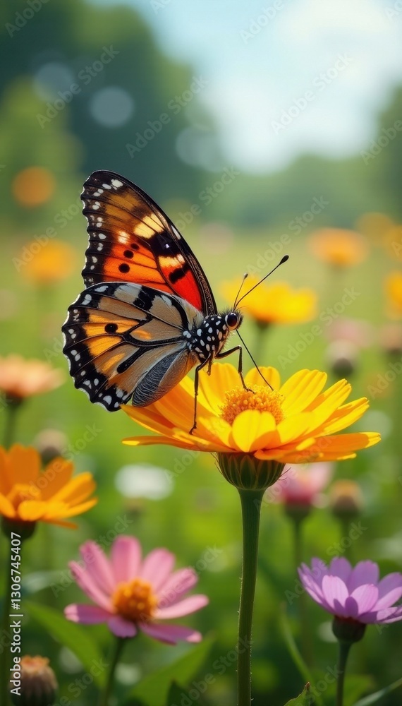 Fototapeta premium Painted lady butterfly amidst wildflowers, sunny meadow , summer, flower