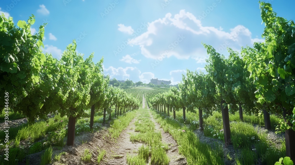 Scenic vineyard landscape with rows of grapevines under clear blue sky, peaceful and lush, ultra-detailed, 8k Scenic vineyard landscape with rows of grapevines under clear blue sky, peaceful and lush, ultra-detailed, 8k