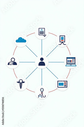 Modern Centralized Healthcare Network System Illustration With Connected Devices Seamless Communication Patient Data Exchange Telemedicine Digital Health Global Medical Solutions