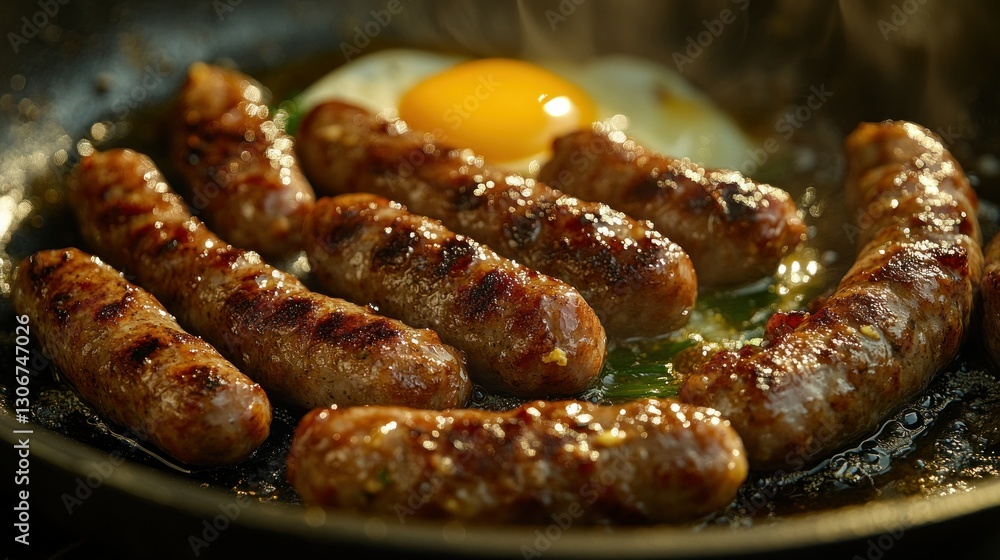 Fried sausages and egg in pan Fried sausages and egg in pan