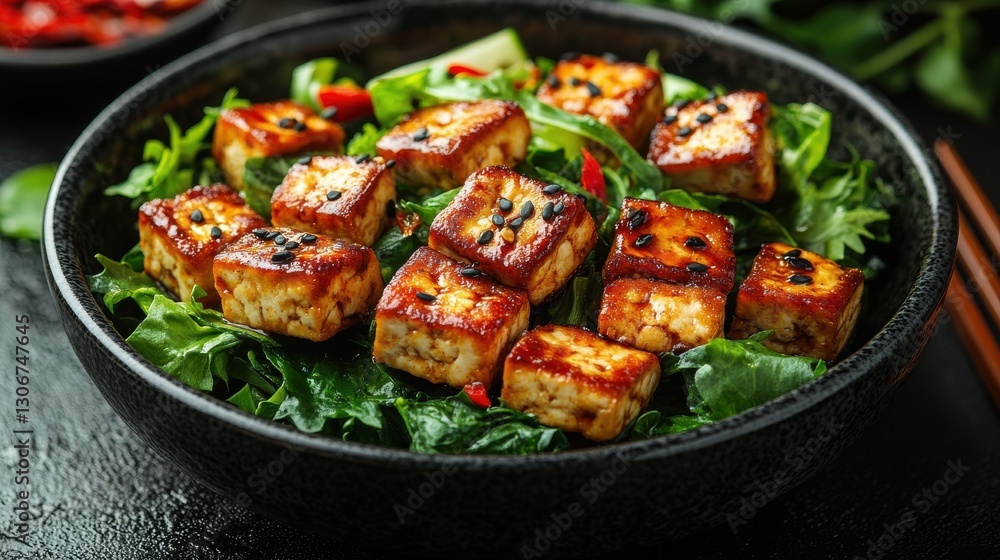 delicious pan fried tofu salad with fresh vegetables and aromatic chopsticks arrangement delicious pan fried tofu salad with fresh vegetables and aromatic chopsticks arrangement
