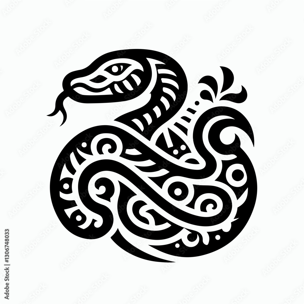 Symbolic Snake: An elegant stylized snake, meticulously rendered with intricate patterns and a sense of mystique. Symbolic Snake: An elegant stylized snake, meticulously rendered with intricate patterns and a sense of mystique.
