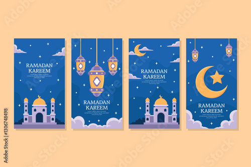 Ramadan Kareem Elegant Night Illustration with Mosque and Lanterns