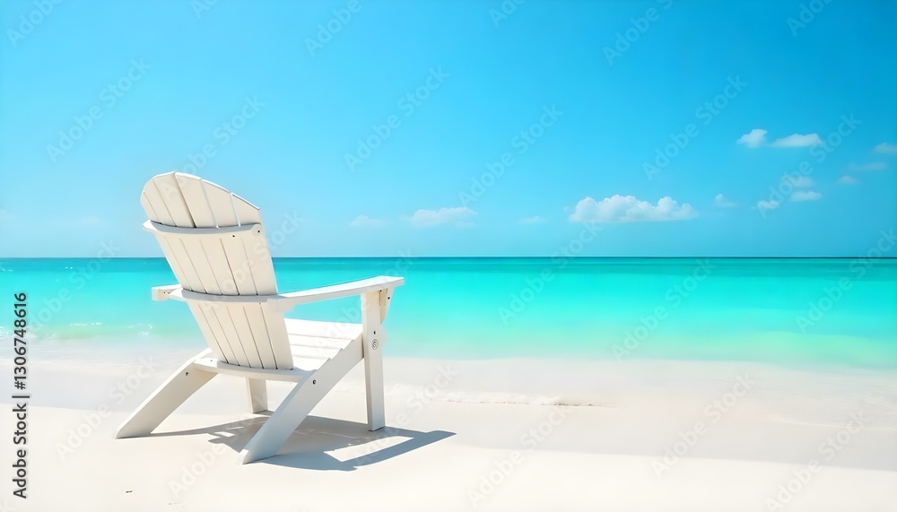 A wide-angle shot captures a serene beach scene under a clear blue sky, featuring a white beach chair as the focal point A wide-angle shot captures a serene beach scene under a clear blue sky, featuring a white beach chair as the focal point