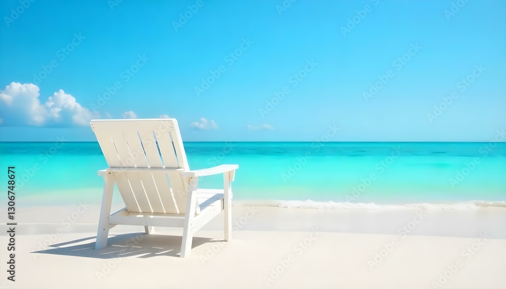 A wide-angle shot captures a serene beach scene under a clear blue sky, featuring a white beach chair as the focal point A wide-angle shot captures a serene beach scene under a clear blue sky, featuring a white beach chair as the focal point