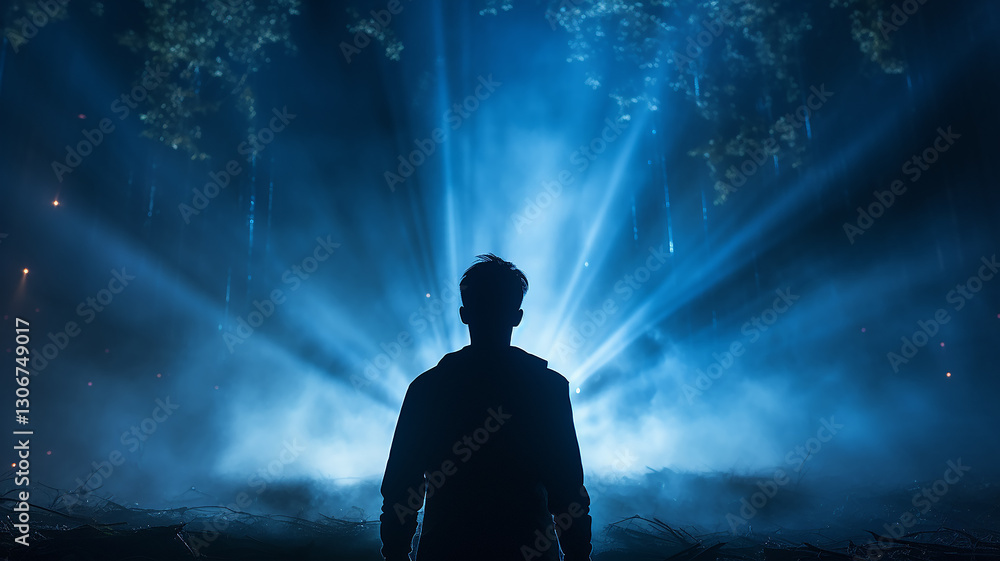 silhouette of a guy, a man view from the back against a background of blue fog and rays of light, a fictional character computer graphics