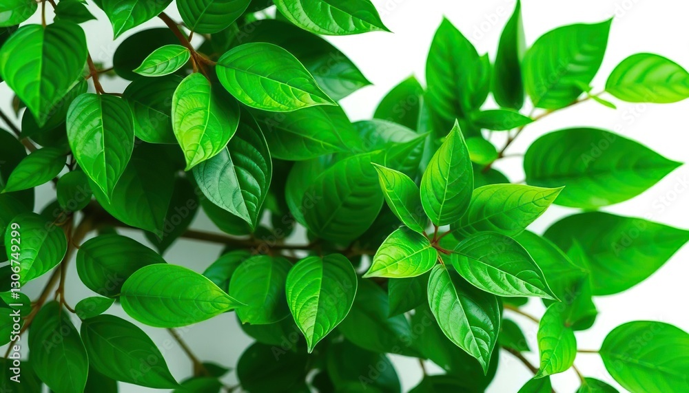 Lush green leaves, vibrant, isolated on pure white, greenery, close-up Lush green leaves, vibrant, isolated on pure white, greenery, close-up