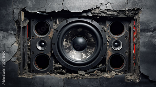 loud background music, cracks on the destroyed speaker from the powerful loud sound of music, abstract fictional background computer graphics