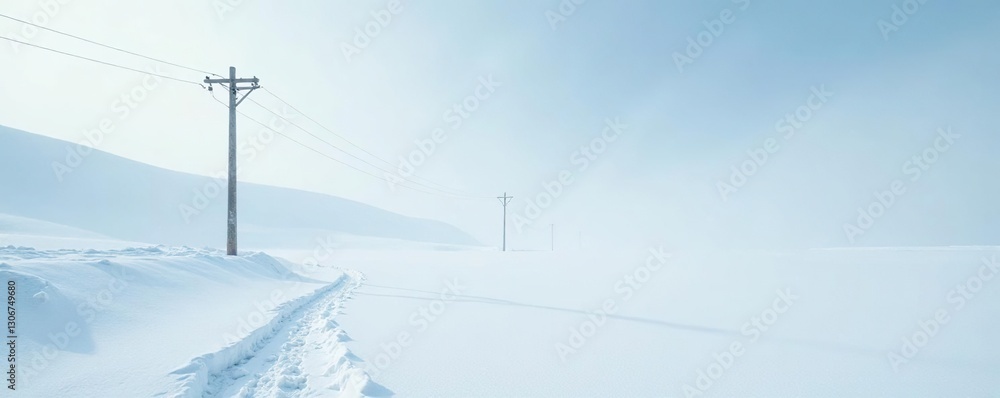 A solitary electric pole in a vast white expanse, snowy terrain, whiteout, icy lake A solitary electric pole in a vast white expanse, snowy terrain, whiteout, icy lake