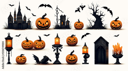 collection of halloween decoration objects isolated on the background