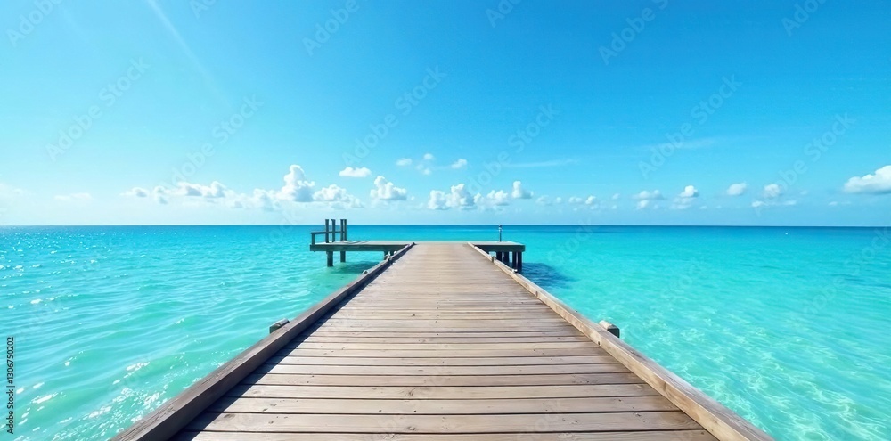 Pier extends into distance with clear blue sky above, peaceful, distance, landscape Pier extends into distance with clear blue sky above, peaceful, distance, landscape