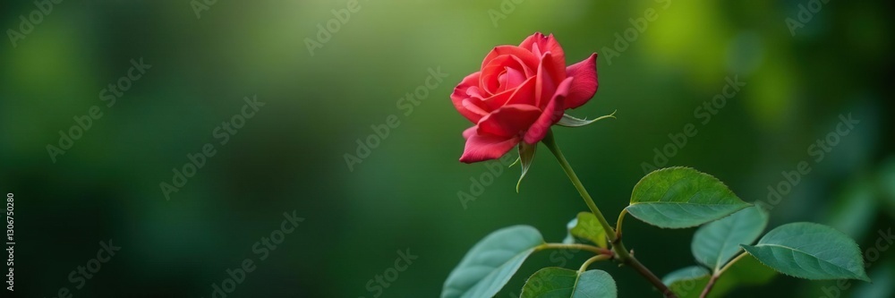 Single rose with large, velvety leaves on a wooden branch, verdant, leaves Single rose with large, velvety leaves on a wooden branch, verdant, leaves