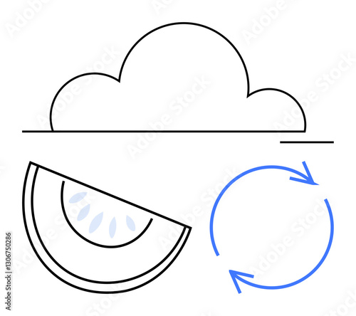 Cloud shape, melon slice with seeds, and circular blue arrows represent technology, sustainability, and renewal. Ideal for cloud computing, data, environment, food recycling eco-tech minimal