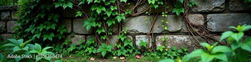 Vines and creepers entwine a crumbling stone wall, forest, crumbling, decay