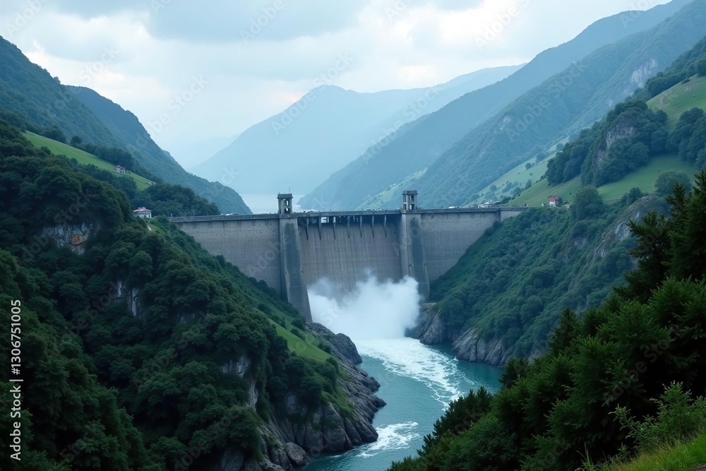 Large hydroelectric dam in the foreground with misty mountains in the background, vast, power, hydroelectric dam Large hydroelectric dam in the foreground with misty mountains in the background, vast, power, hydroelectric dam
