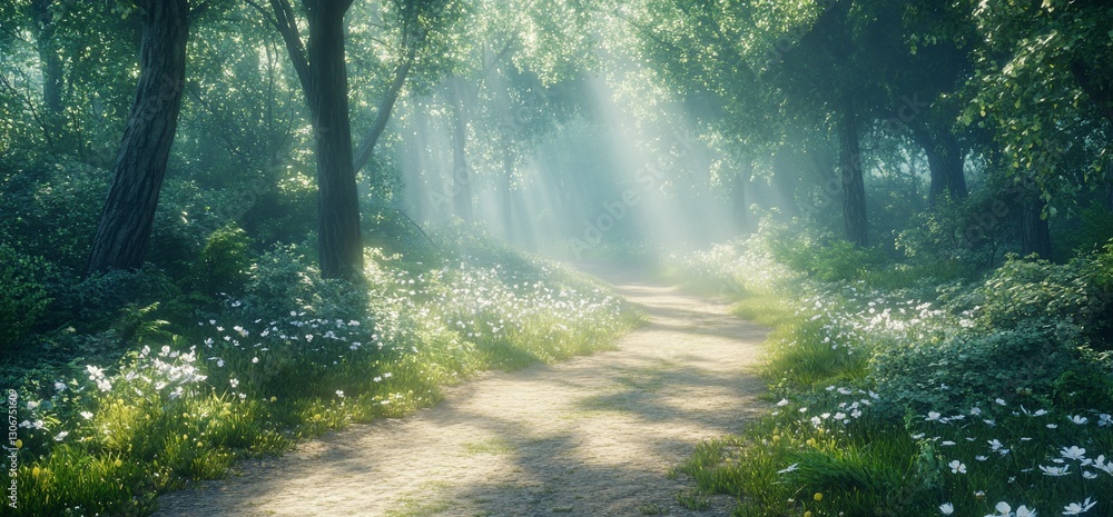 Fototapeta premium Sunlit Path Through Misty Forest