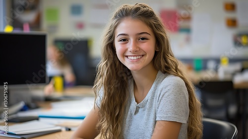 happy female high school student sitting in classroom smiling showing youthful portrait and school success concept scene