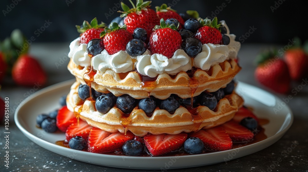 delicious stack of golden waffles topped with fresh strawberries blueberries whipped cream and syrup flowing down served on a white plate against a textured background delicious stack of golden waffles topped with fresh strawberries blueberries whipped cream and syrup flowing down served on a white plate against a textured background