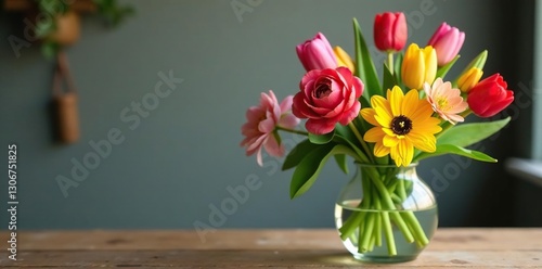 Wallpaper Mural Fresh tulips and ranunculus flowers in a glass vase on a wooden table, floral arrangement, spring decor, glass Torontodigital.ca