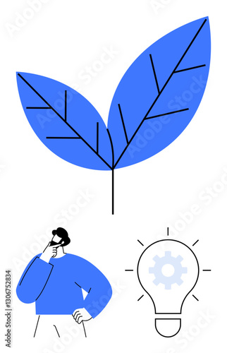 Large leaf symbolizing growth, thinker pondering new ideas, gear bulb for innovation. Ideal for sustainability, eco-friendly ideas, innovation, creativity, brainstorming, problem-solving growth