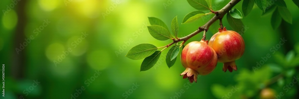 Pomegranate branch laden with green unripe pomegranates, growth, pomegranate, forest Pomegranate branch laden with green unripe pomegranates, growth, pomegranate, forest