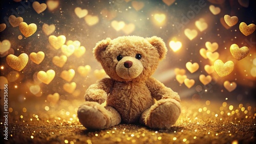 Retro photo: A golden teddy bear, hearts glittering, captures the charm of antique toys and romantic nostalgia.