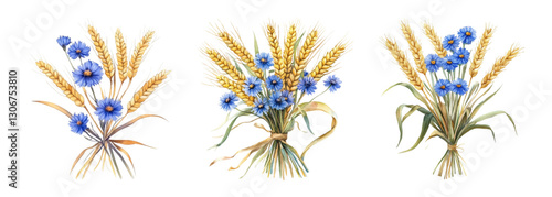 Watercolor and set of bouquets of wheat and cornflowers png. Golden ears of wheat combined with blue cornflower flowers. Symbol of harvesting from the field. Symbolism of Ukraine. 